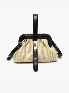 Straw Frame Clutch with Black Leather Trim